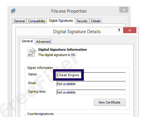 Screenshot of the Cheat Engine certificate